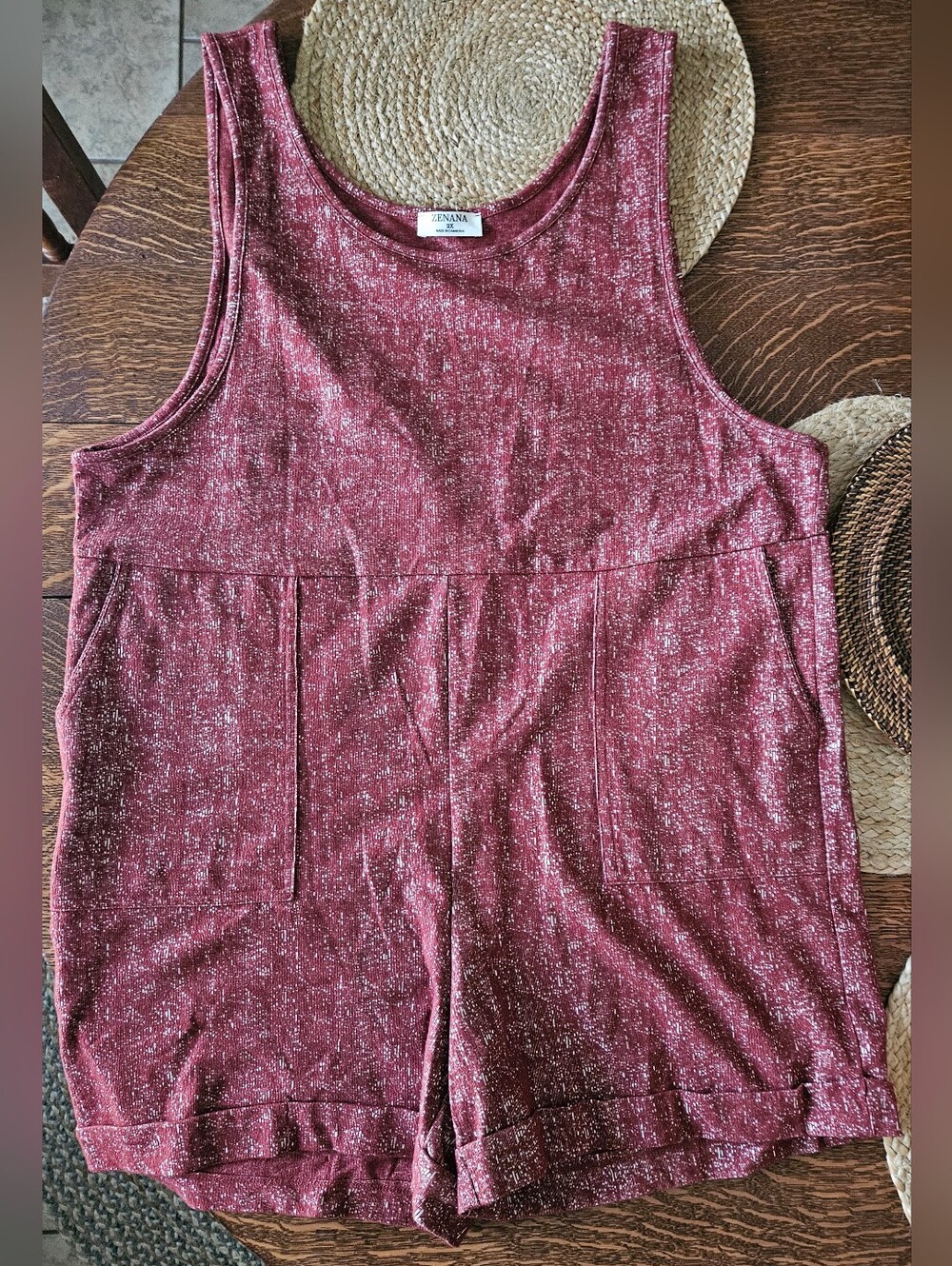 Zenana Heathered Burgundy Sleeveless Romper | Size 2X | Pockets